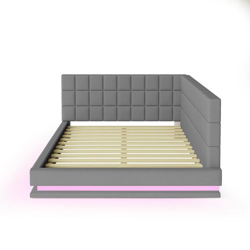 Lit Banquette 160x200 Cm - Lit Double Avec Rangement Et LED - Dossier Rembourré En Tissu - Gris