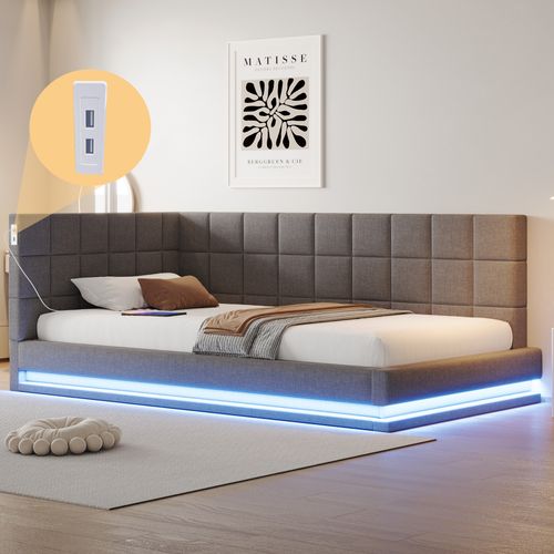 Lit Banquette 90x200 Cm - Lit Simple Avec Rangement Et LED - Avec Prise USB - Tissu Gris -