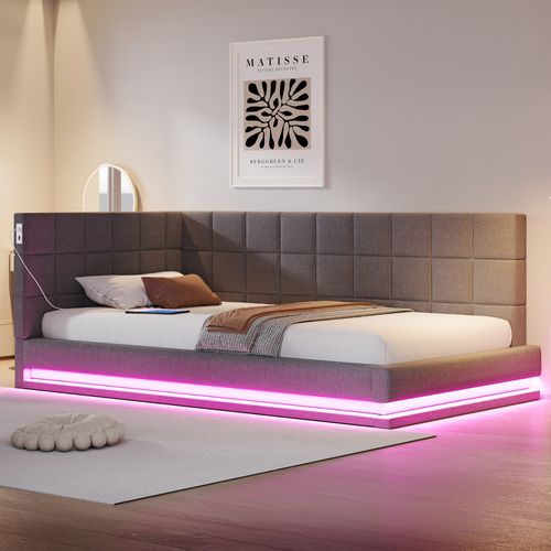 Lit Banquette 90x200 Cm - Lit Simple Avec Rangement Et LED - Avec Prise USB - Tissu Gris -