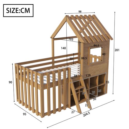 Lit Enfant 90x200 Cm Mi-hauteur Cabane Avec Échelle, Toit Et Fenêtres, Structure Bois Robuste