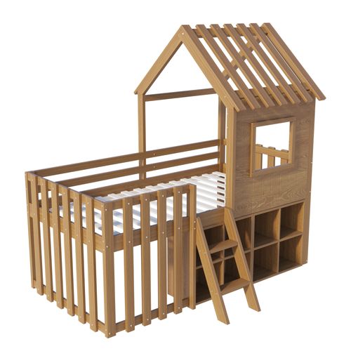 Lit Enfant 90x200 Cm Mi-hauteur Cabane Avec Échelle, Toit Et Fenêtres, Structure Bois Robuste