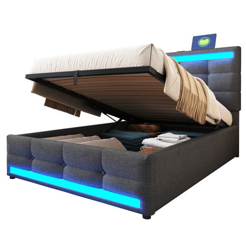 Lit Coffre Simple 90x200 Cm, Tête De Lit Ajustable, Port USB, Éclairage LED, Rangement, Lin Gris
