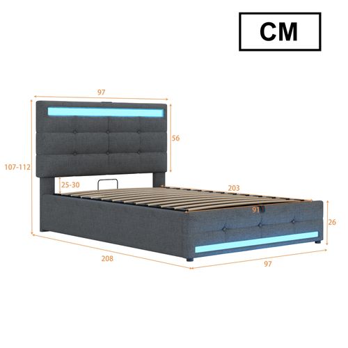 Lit Coffre Simple 90x200 Cm, Tête De Lit Ajustable, Port USB, Éclairage LED, Rangement, Lin Gris