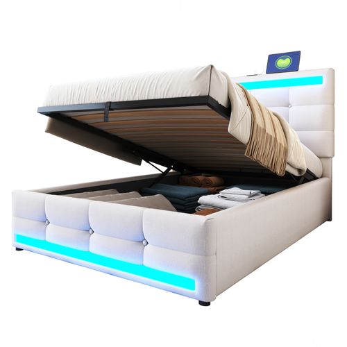 Lit Coffre Simple 90x200 Cm, Tête De Lit Ajustable, Port USB, Éclairage LED, Rangement, Lin Beige