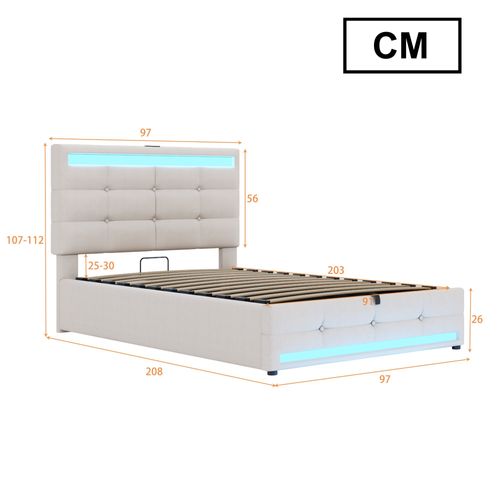 Lit Coffre Simple 90x200 Cm, Tête De Lit Ajustable, Port USB, Éclairage LED, Rangement, Lin Beige