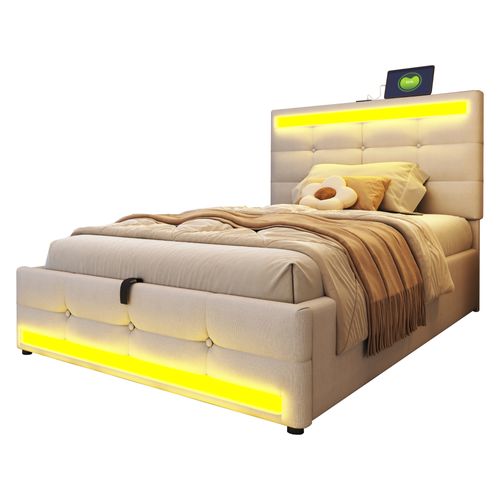Lit Coffre Simple 90x200 Cm, Tête De Lit Ajustable, Port USB, Éclairage LED, Rangement, Lin Beige