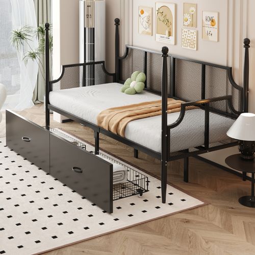 Lit Banquette 90x200 Cm - Lit Simple Métal Avec Tiroirs De Rangement, Style Vintage, Noir