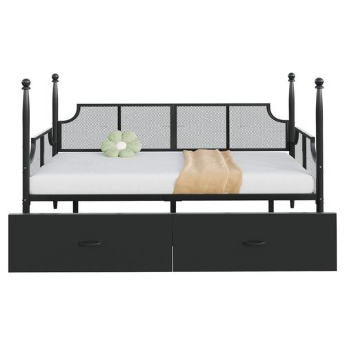Lit Banquette 90x200 Cm - Lit Simple Métal Avec Tiroirs De Rangement, Style Vintage, Noir
