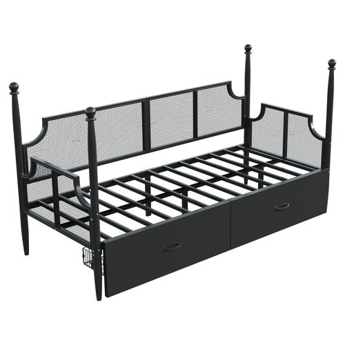 Lit Banquette 90x200 Cm - Lit Simple Métal Avec Tiroirs De Rangement, Style Vintage, Noir