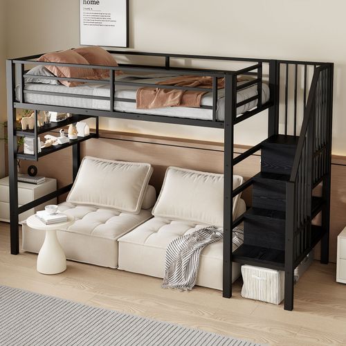 Lit Mezzanine 90x200 Cm Avec Escalier De Rangement Et Étagères Intégrées – Métal Et Mdf – Noir