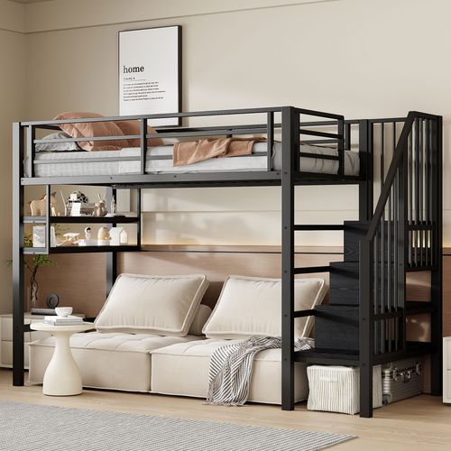 Lit Mezzanine 90x200 Cm Avec Escalier De Rangement Et Étagères Intégrées – Métal Et Mdf – Noir