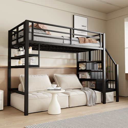 Lit Mezzanine 90x200 Cm Avec Escalier De Rangement Et Étagères Intégrées – Métal Et Mdf – Noir