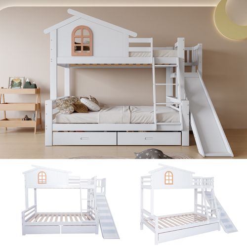 Lit Superposé 90x200 Cm - Lit Cabane Avec Rangement, Roulant Et Toboggan - Pin Et Mdf - Blanc