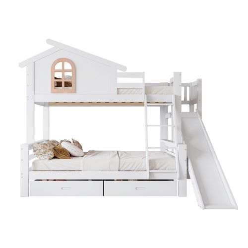 Lit Superposé 90x200 Cm - Lit Cabane Avec Rangement, Roulant Et Toboggan - Pin Et Mdf - Blanc