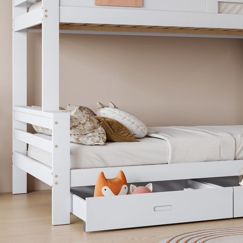 Lit Superposé 90x200 Cm - Lit Cabane Avec Rangement, Roulant Et Toboggan - Pin Et Mdf - Blanc