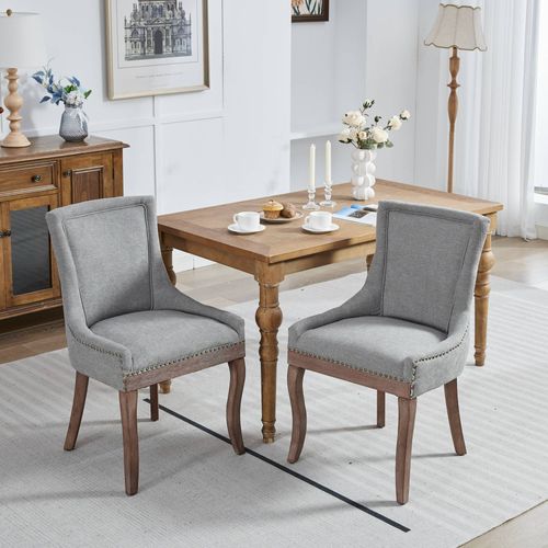 Chaise De Salle à Manger Lot De 2, Accoudoirs, Clous Décoratifs, Pieds Bois, Chenille Gris