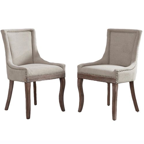 Chaise De Salle à Manger Lot De 2, Accoudoirs, Clous Décoratifs, Pieds Bois, Chenille Beige