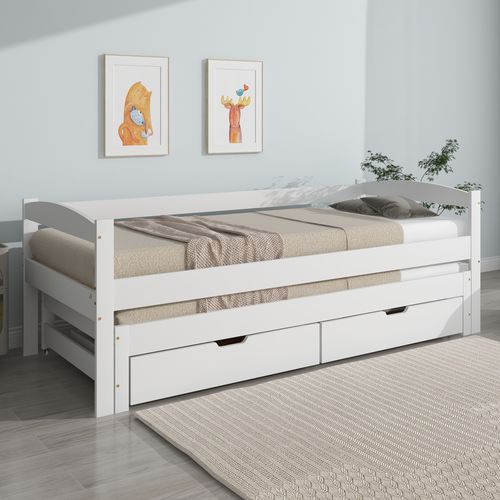 Lit Gigogne Simple 200x90 Cm Et 190x90 Cm - Avec Tiroirs De Rangement, Bois De Pin Et Mdf, Blanc