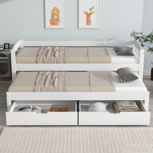 Lit Gigogne Simple 200x90 Cm Et 190x90 Cm - Avec Tiroirs De Rangement, Bois De Pin Et Mdf, Blanc