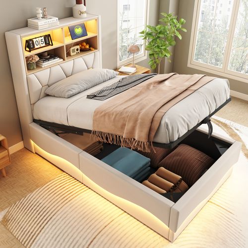 Lit Coffre Simple 90x200 Cm - Rangement Hydraulique Et Éclairage LED App, Tissu Lin, Beige