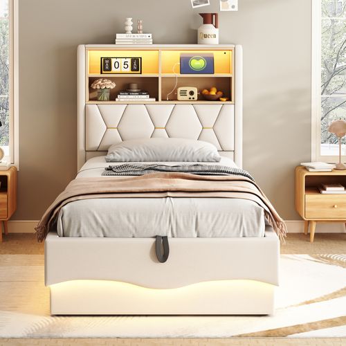 Lit Coffre Simple 90x200 Cm - Rangement Hydraulique Et Éclairage LED App, Tissu Lin, Beige