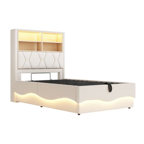 Lit Coffre Simple 90x200 Cm - Rangement Hydraulique Et Éclairage LED App, Tissu Lin, Beige