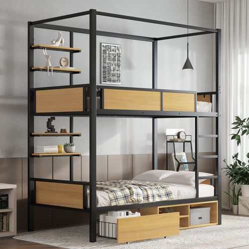 Lit Superposé 90x200 Cm - Lit Avec Échelle Large Et Rangements Latéraux - Métal + Mdf - Noir