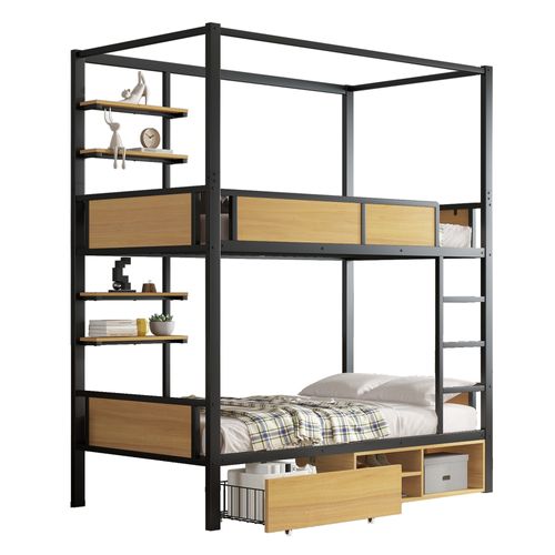 Lit Superposé 90x200 Cm - Lit Avec Échelle Large Et Rangements Latéraux - Métal + Mdf - Noir