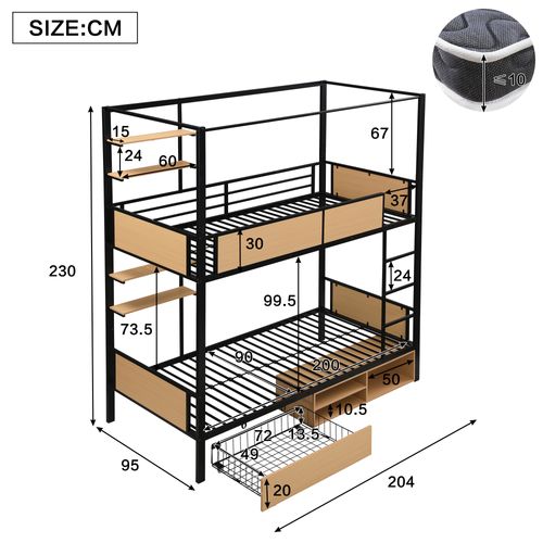 Lit Superposé 90x200 Cm - Lit Avec Échelle Large Et Rangements Latéraux - Métal + Mdf - Noir
