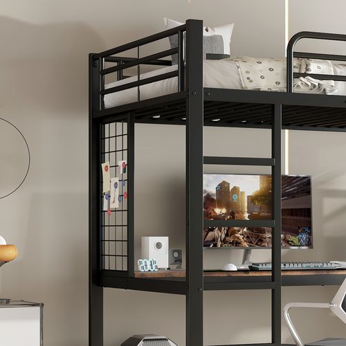 Lit Mezzanine 90x200 Cm - Lit Avec Table Intégrée Et Rangement Latéral - Métal + Mdf - Noir