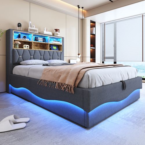 Lit Coffre 140x200 Cm – Lit Double Avec Rangement Hydraulique, LED App, Port USB, Lin + Métal, Gris