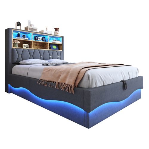 Lit Coffre 140x200 Cm – Lit Double Avec Rangement Hydraulique, LED App, Port USB, Lin + Métal, Gris
