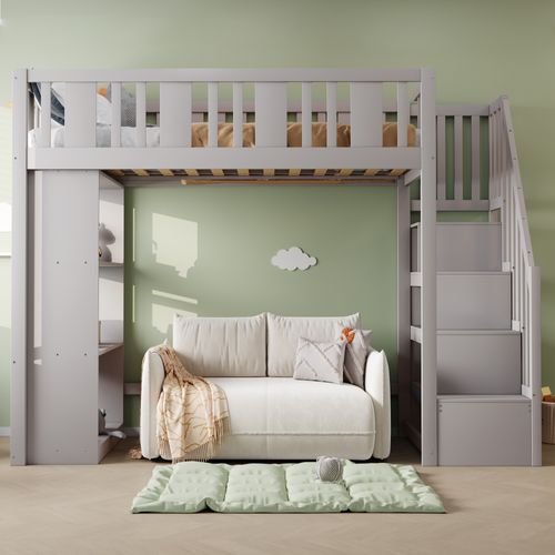 Lit Mezzanine 90x200 Cm Simple, Échelle, Tiroirs De Rangement, Structure Robuste, Pin Et Mdf, Gris