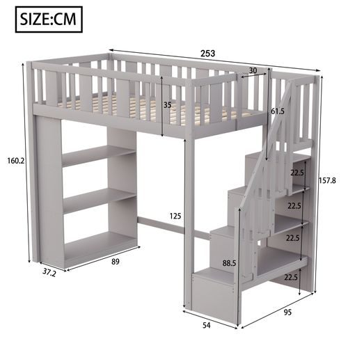 Lit Mezzanine 90x200 Cm Simple, Échelle, Tiroirs De Rangement, Structure Robuste, Pin Et Mdf, Gris