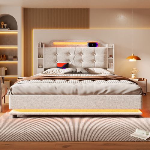 Lit Coffre 140x200 Cm - Lit Double Avec Étagères De Rangement - Lin + Mdf - Beige