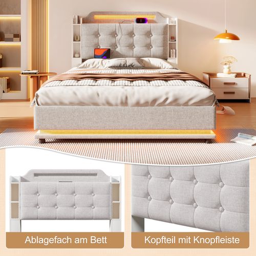 Lit Coffre 140x200 Cm - Lit Double Avec Étagères De Rangement - Lin + Mdf - Beige