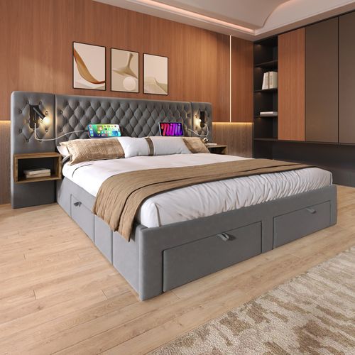 Lit 160x200 Cm Double Capitonné Adulte Avec Tiroirs, Chevet, Tête Lumineuse USB, Velours Gris