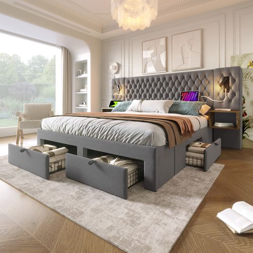 Lit 160x200 Cm Double Capitonné Adulte Avec Tiroirs, Chevet, Tête Lumineuse USB, Velours Gris