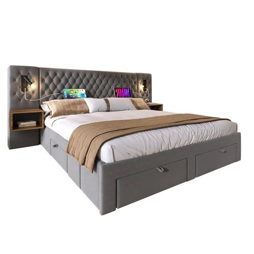 Lit 160x200 Cm Double Capitonné Adulte Avec Tiroirs, Chevet, Tête Lumineuse USB, Velours Gris