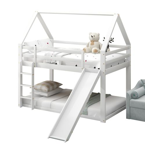 Lit Superposé 90 X 200 Cm - Lit Enfant Avec Toboggan Et Échelle - Pin + Mdf - Blanc