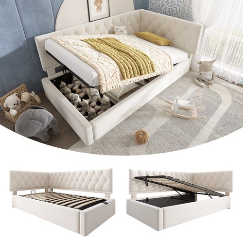 Lit Coffre 90x190 Cm - Lit Simple Enfant Avec Coffre De Rangement Hydraulique, Velours Beige,