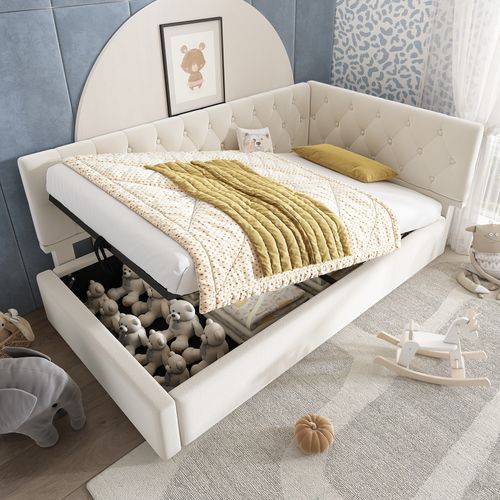 Lit Coffre 90x190 Cm - Lit Simple Enfant Avec Coffre De Rangement Hydraulique, Velours Beige,