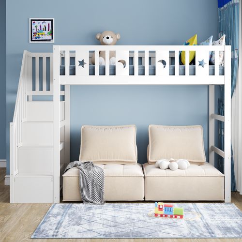 Lit Mezzanine Enfant 90x200 Cm - Escalier Intégré, Sécurité, Décor Lune Étoiles, Bois, Blanc