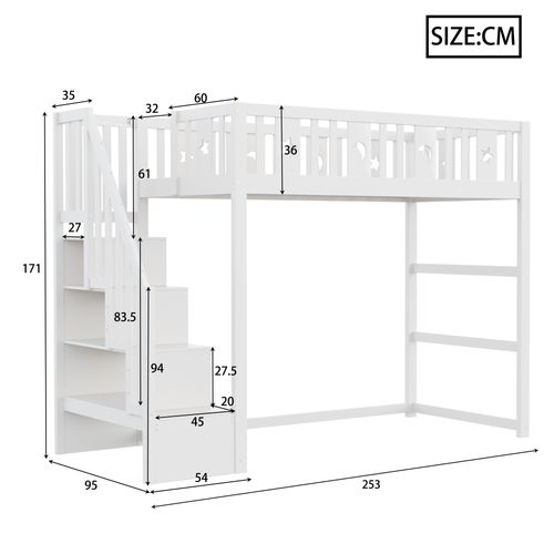 Lit Mezzanine Enfant 90x200 Cm - Escalier Intégré, Sécurité, Décor Lune Étoiles, Bois, Blanc