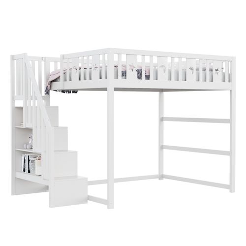 Lit Mezzanine Enfant 140x200 Cm - Escalier Intégré, Sécurité, Décor Lune Étoiles, Bois, Blanc