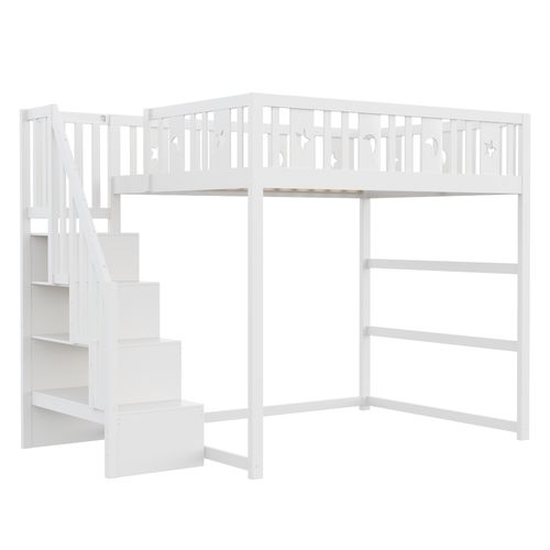 Lit Mezzanine Enfant 140x200 Cm - Escalier Intégré, Sécurité, Décor Lune Étoiles, Bois, Blanc