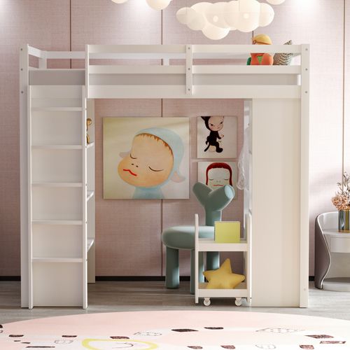 Lit Mezzanine 90x200 Cm Bois Avec Étagères, Porte-vêtements Et Rangement Amovible, Blanc