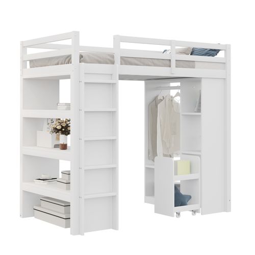 Lit Mezzanine 90x200 Cm Bois Avec Étagères, Porte-vêtements Et Rangement Amovible, Blanc