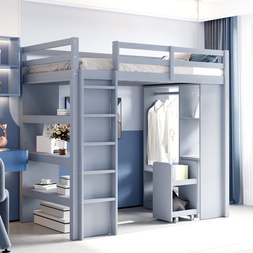 Lit Mezzanine 90x200 Cm Bois Avec Étagères, Porte-vêtements Et Rangement Amovible, Gris