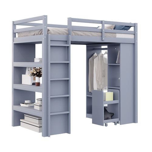Lit Mezzanine 90x200 Cm Bois Avec Étagères, Porte-vêtements Et Rangement Amovible, Gris